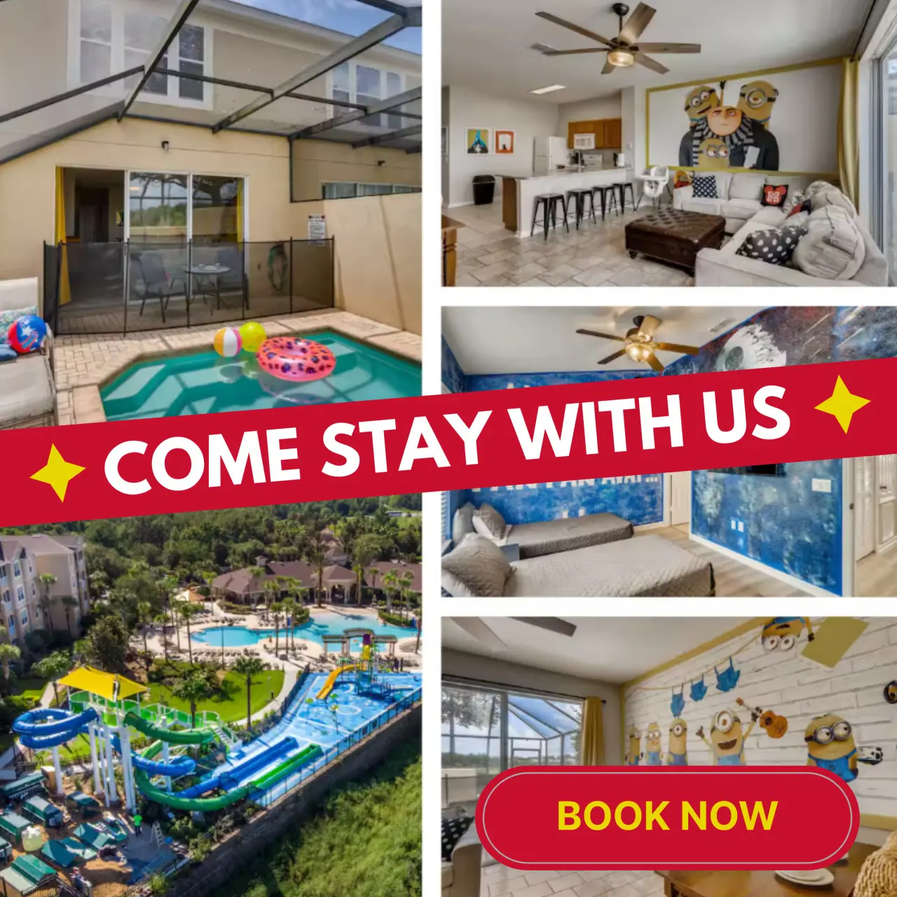 Family condo with themed bedrooms, pool, and waterpark access