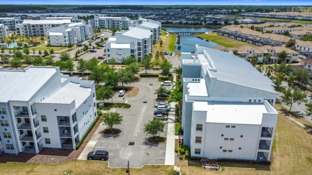 Scenic aerial shot of the property and neighborhood.