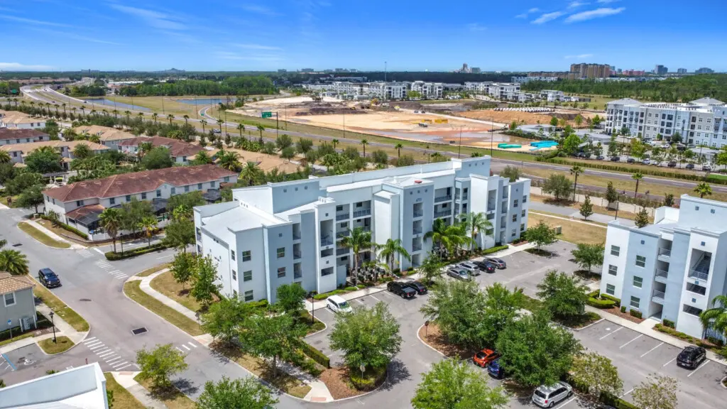 Scenic aerial shot of the property and neighborhood.