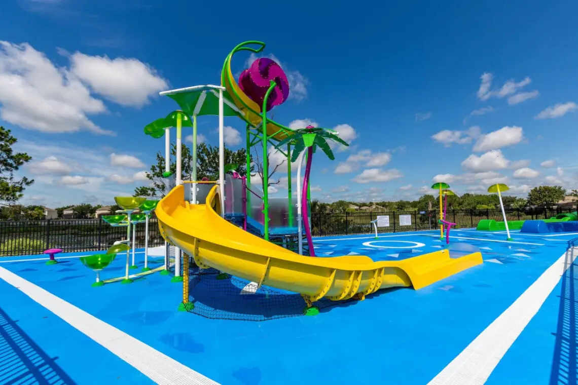Colorful splash pad and water slides