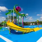 Colorful splash pad and water slides