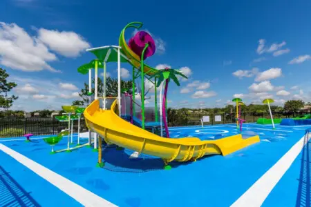 Colorful splash pad and water slides