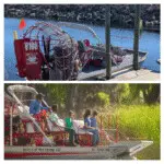 Airboat docked on calm water at Spirit of the Swamp and Tourists riding airboat through Florida wetlands at Spirit of the Swamp
